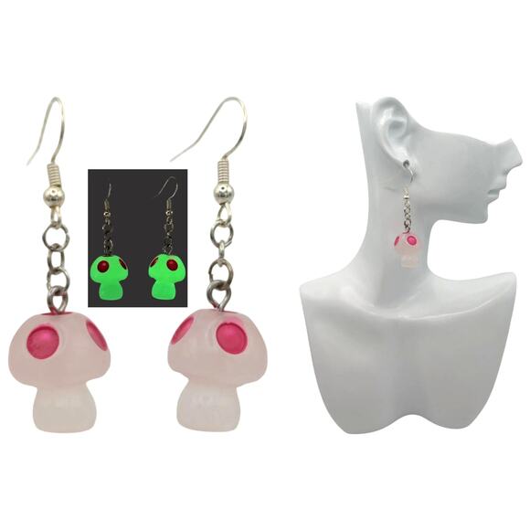 Glow in the Dark Mushroom Earrings Pink – Rave Festival Gamer Style - Picture 3 of 3